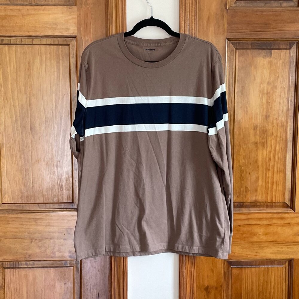 Old Navy Brown White and Navy Long-Sleeve Knit Shirt Size XL